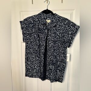 Navy Blue Floral Button-Up Blouse NWT